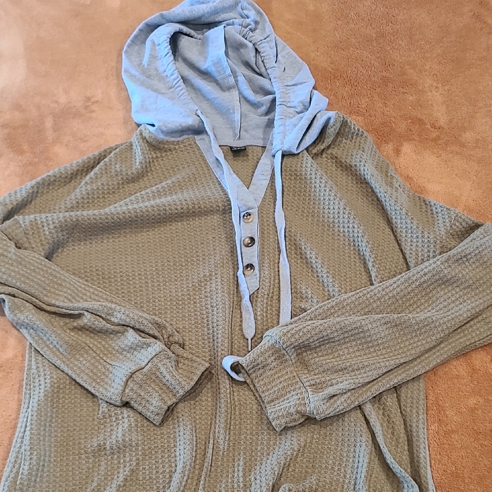 Shein Hooded Waffle Knit Green/gray Top